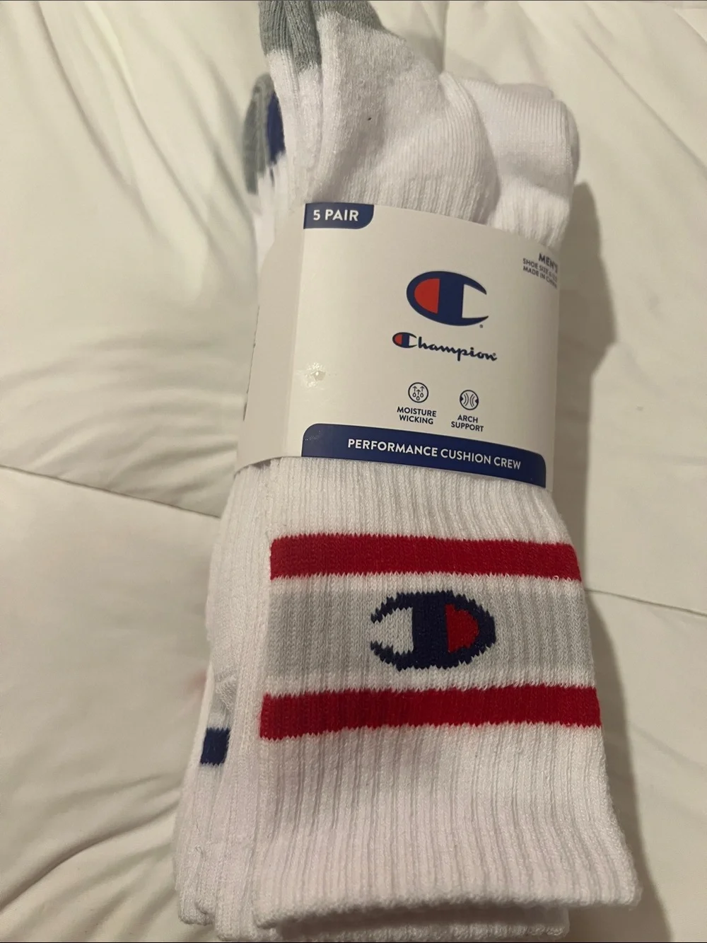 Champion White Crew Athletic Socks with Red /Blue Stripes and Navy Logo 5 pair